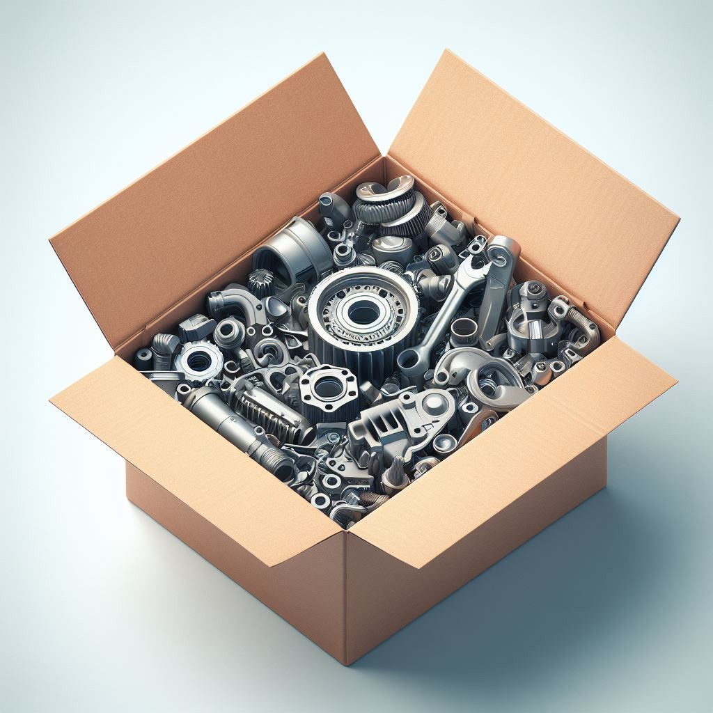 A cardboard box full of gears and car parts