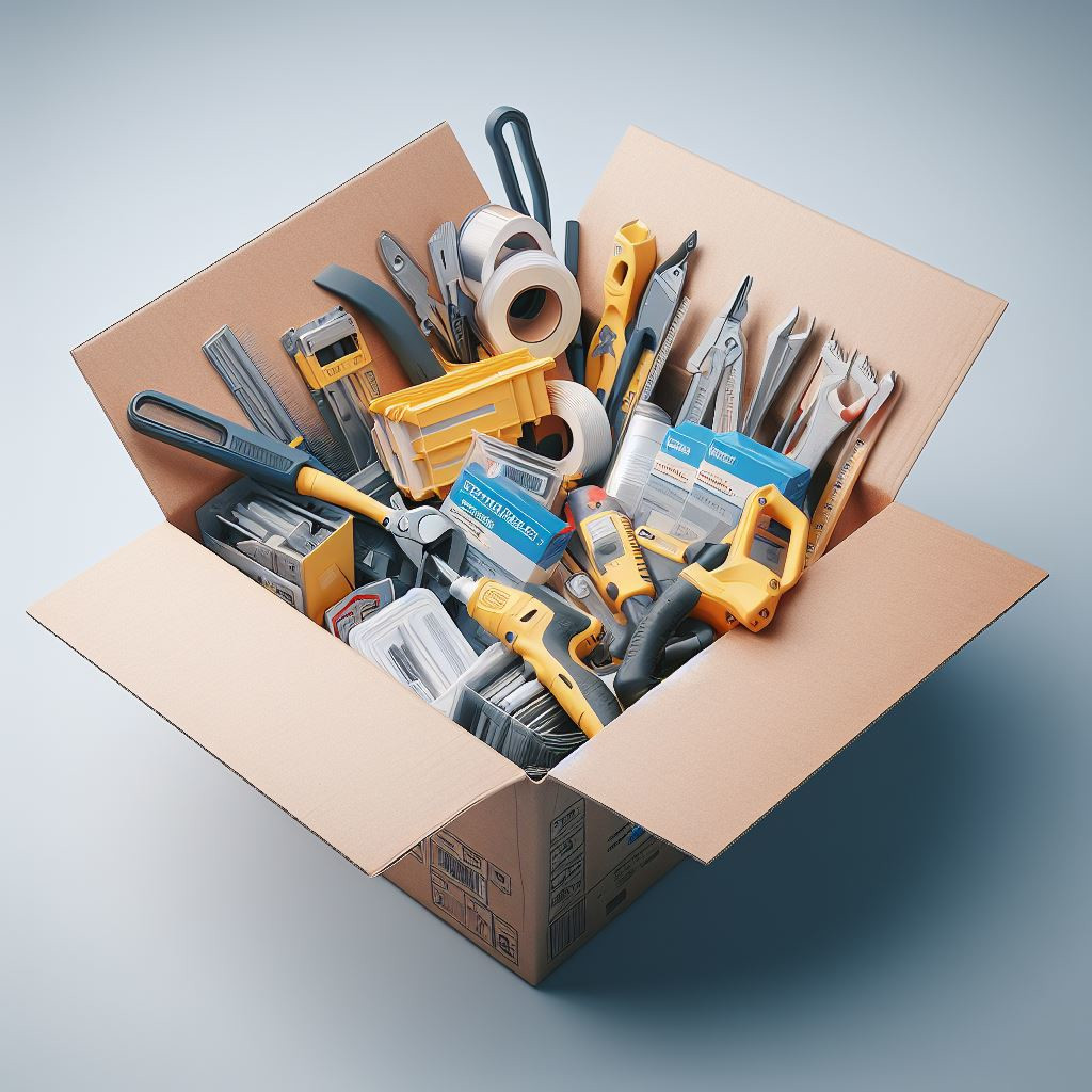 A cardboard box full of construction supplies