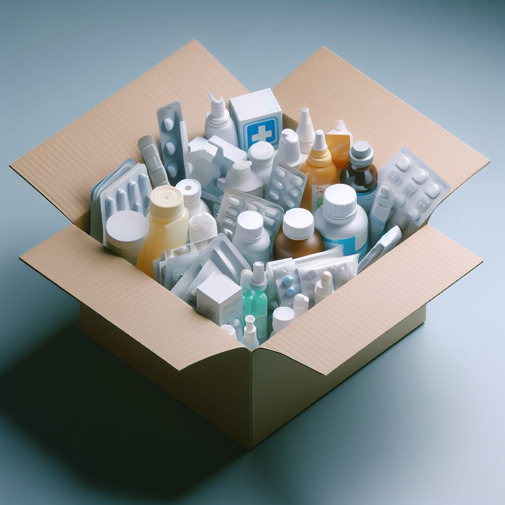 A cardboard box full of medical supplies